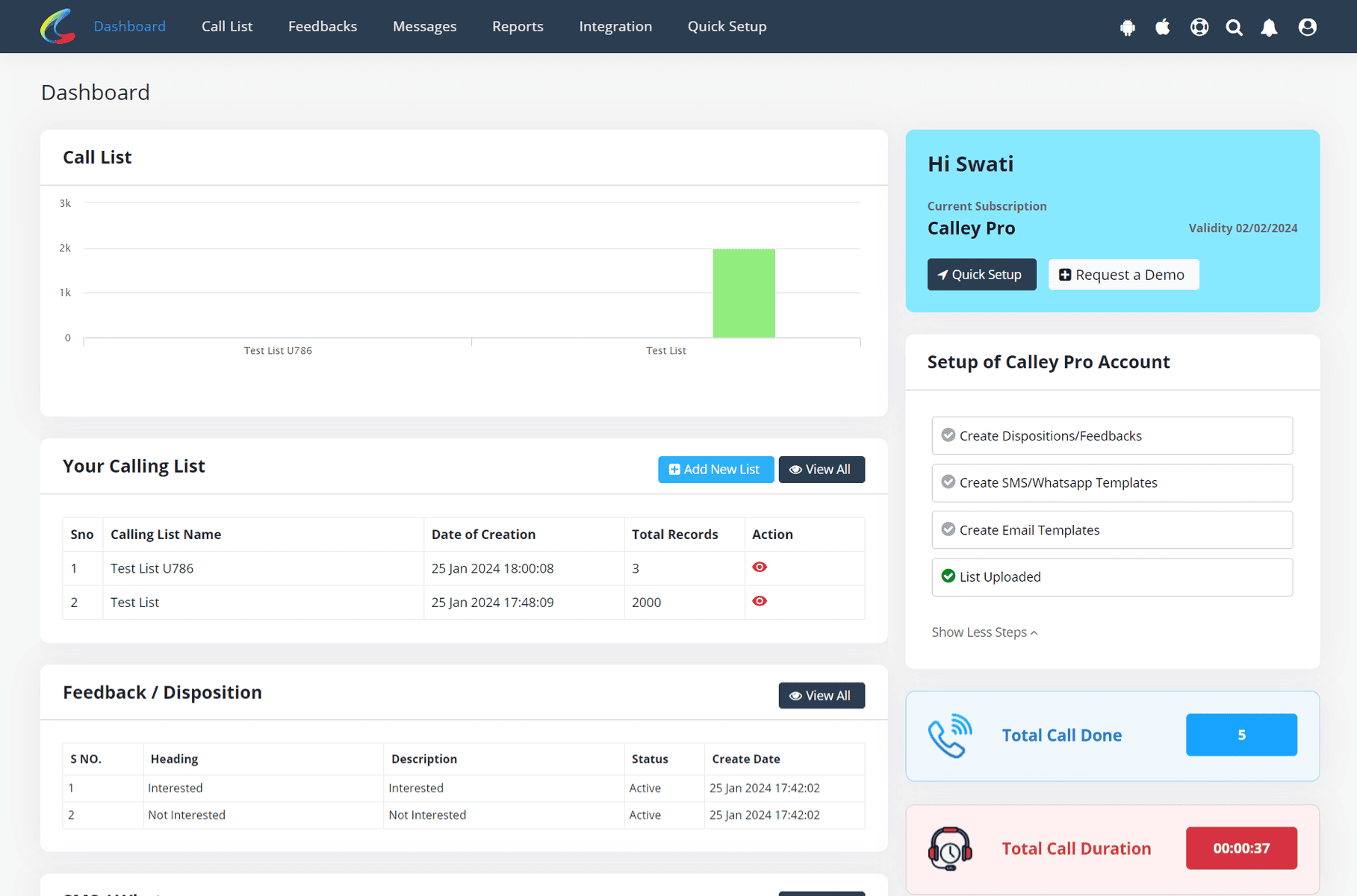 Calley Web Panel Dashboard