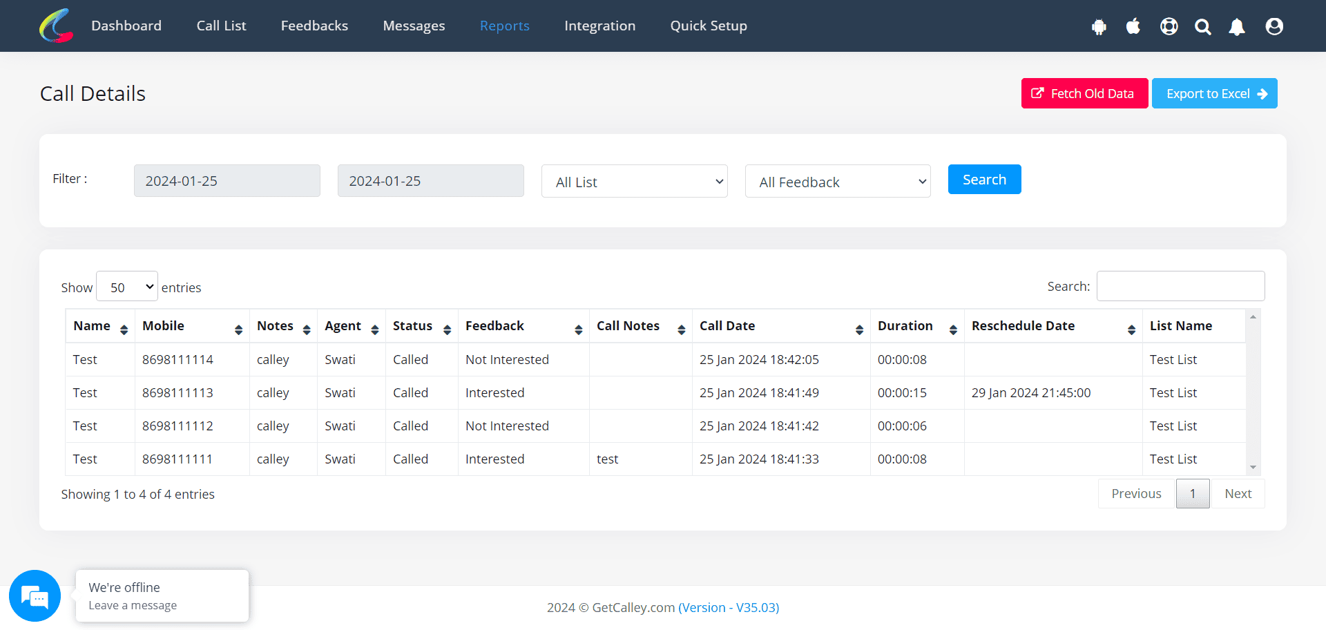 Call Details in Calley Web Panel