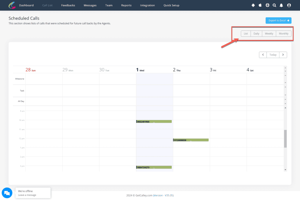 Calley Scheduled Call Calendar View