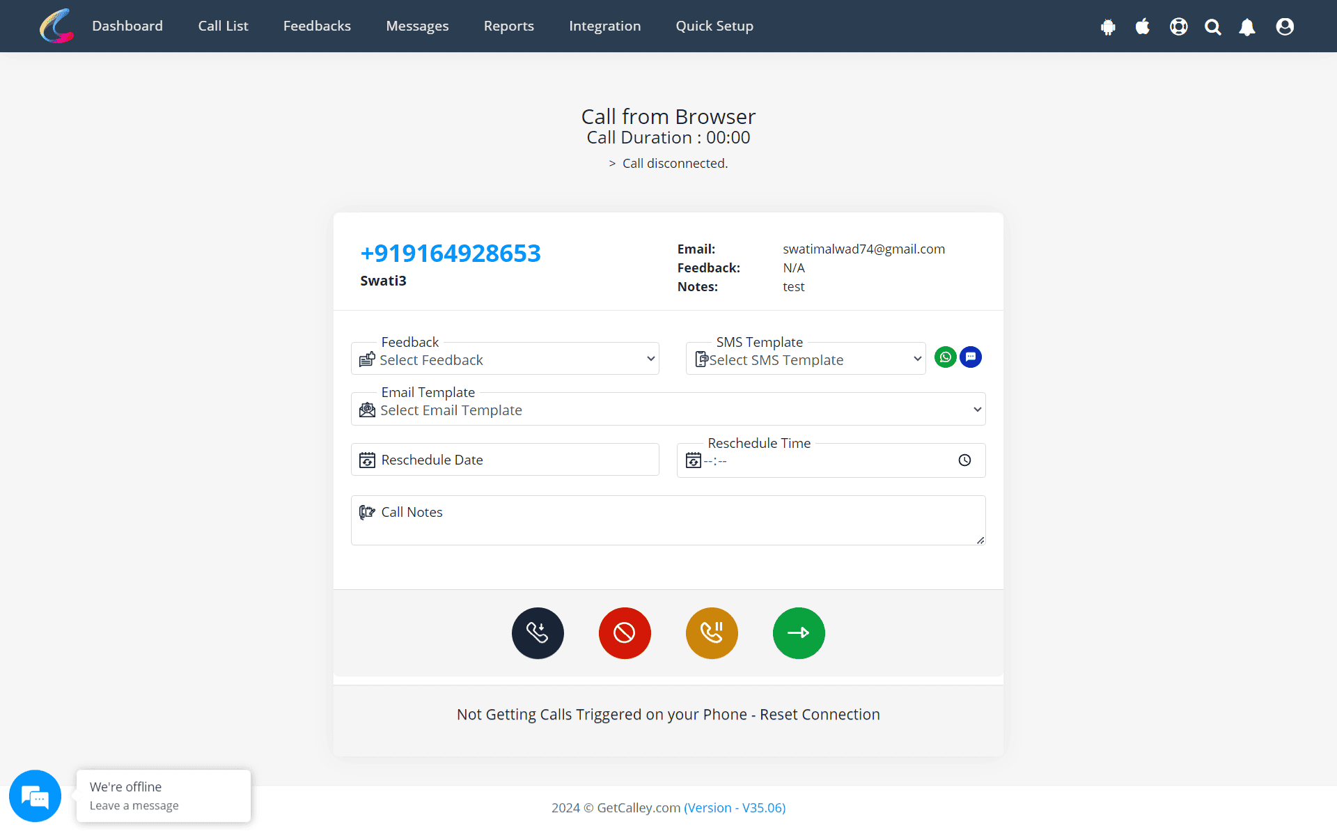 Call Feedback Page for calls autodialed thru Twilio VOIP