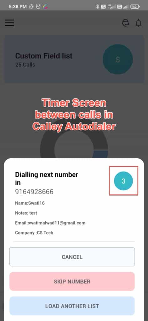 timer screen between calls
